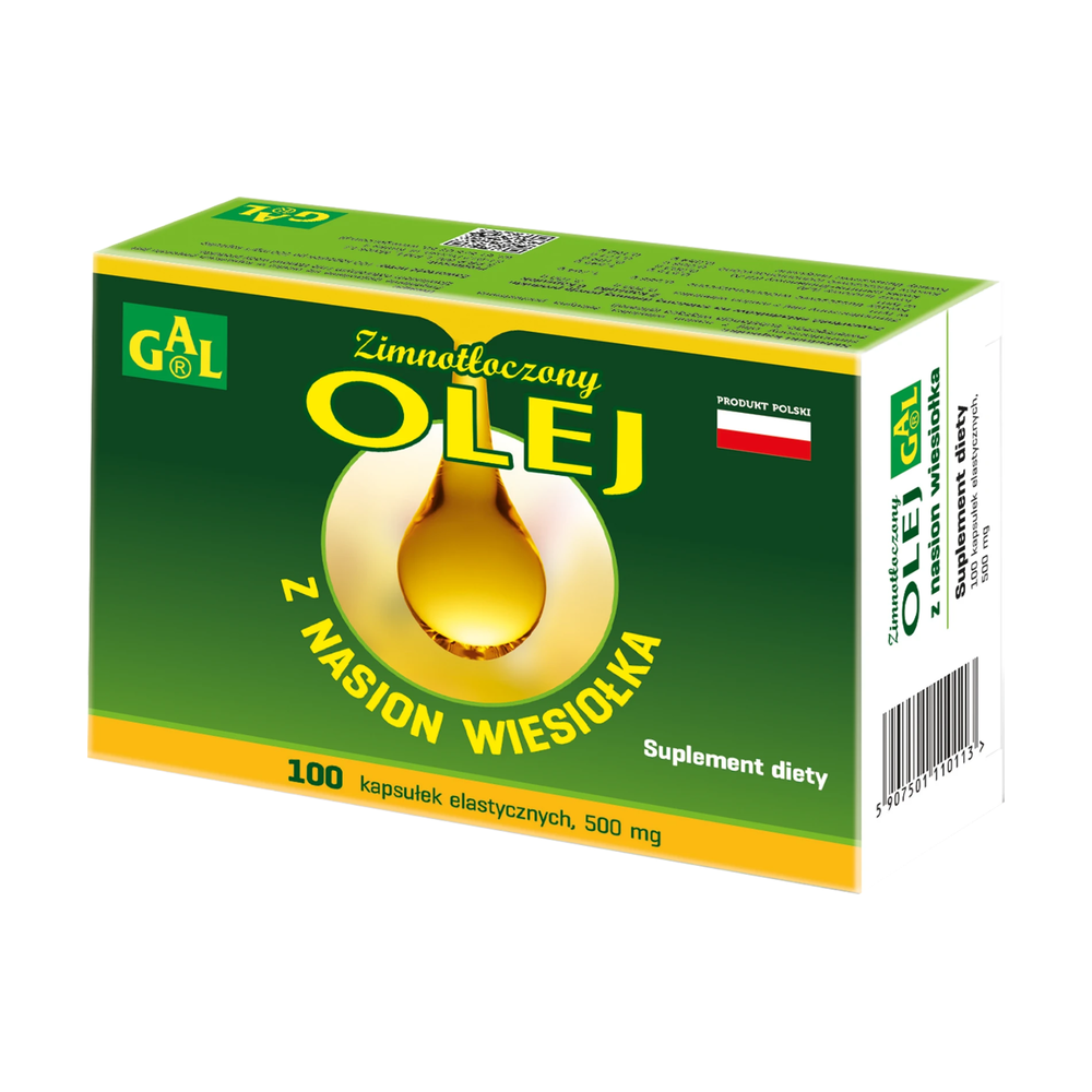 Opakowanie zimnotłoczonego oleju z nasion wiesiołka, 100 kapsułek elastycznych po 500 mg