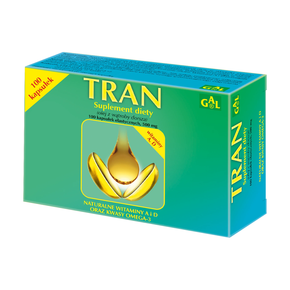 Opakowanie Tran, 100 kapsułek elastycznych po 500 mg